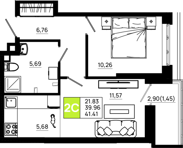 Планировка 1-комн 41,41 м²