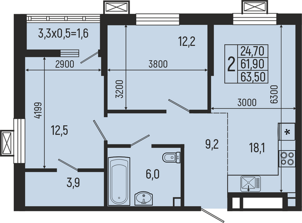 Планировка 2-комн 62,9, 63,5 м²
