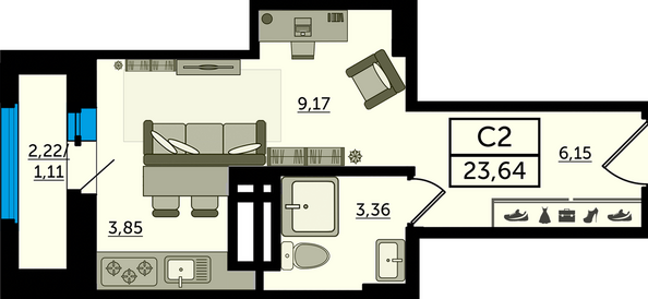 Планировка Студия 23,64 м²