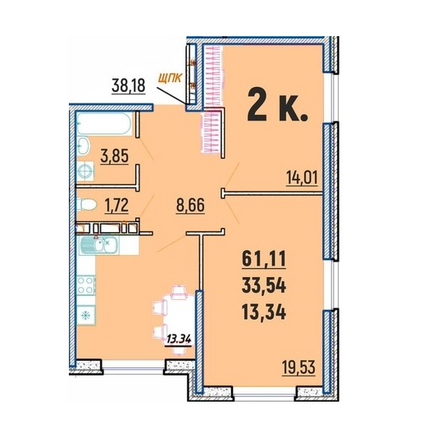 Планировка 2-комн 61,11 м²