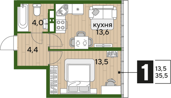 Планировка 1-комн 35,5 м²