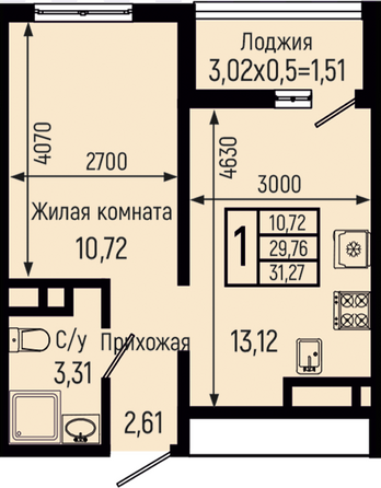 Планировка 1-комн 31,27 м²