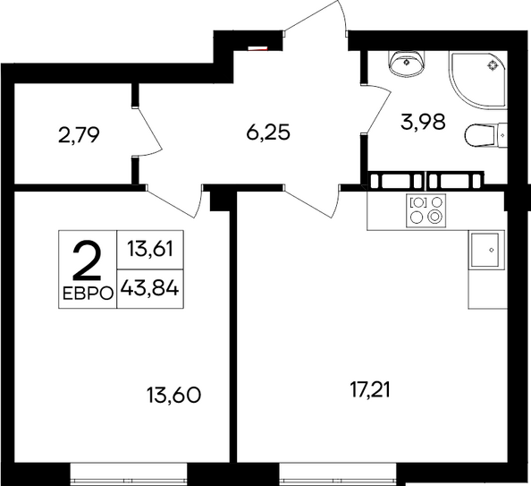 Планировка 1-комн 43,84 м²