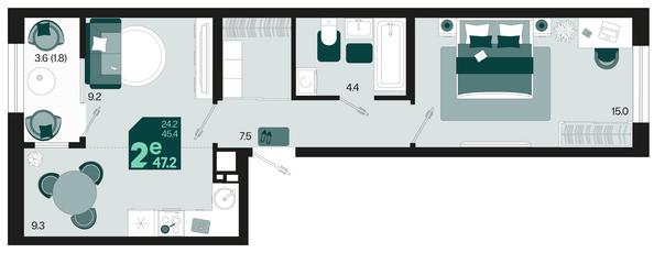 Планировка 2-комн 47,2 м²