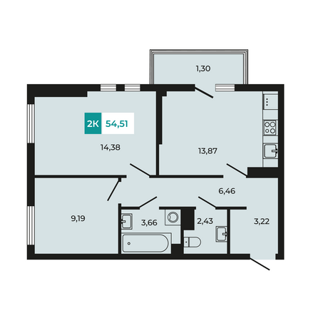 Планировка 2-комн 54,51 м²