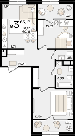 Планировка 3-комн 65,18 м²