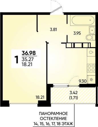 Планировка 1-комн 36,98 м²