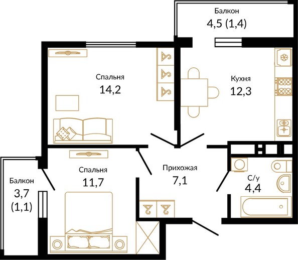 Планировка 2-комн 52,22 - 52,62 м²