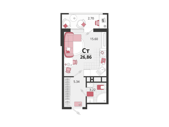 Планировка 1-комн 26,86 м²