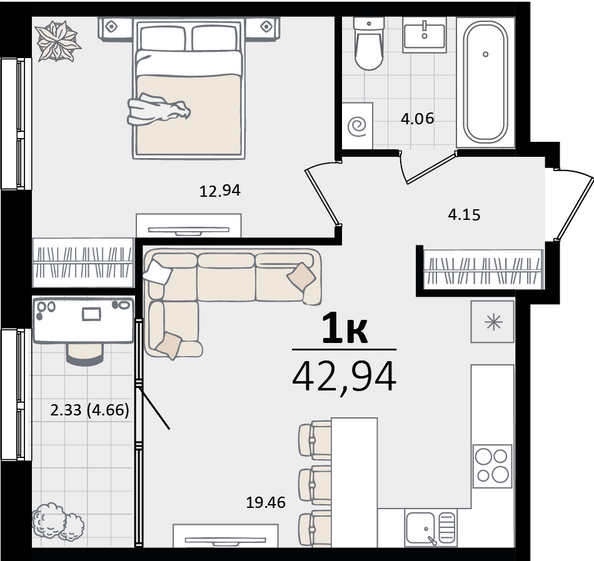 Планировка 1-комн 42,94 м²