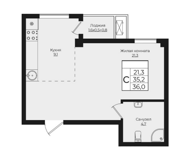 Планировка Студия 36 м²