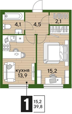 Планировка 1-комн 39,8 м²