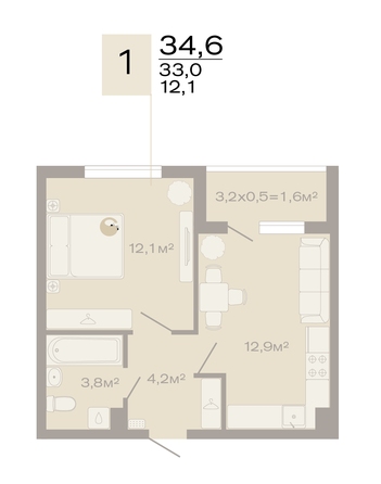 Планировка 1-комн 34,6 м²