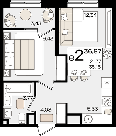 Планировка 2-комн 36,87 м²