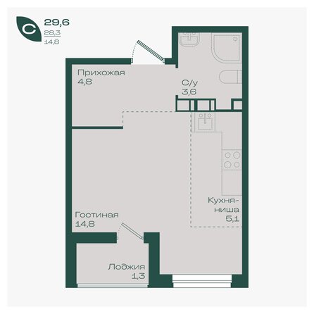 Планировка 1-комн 29,6, 30,1 м²