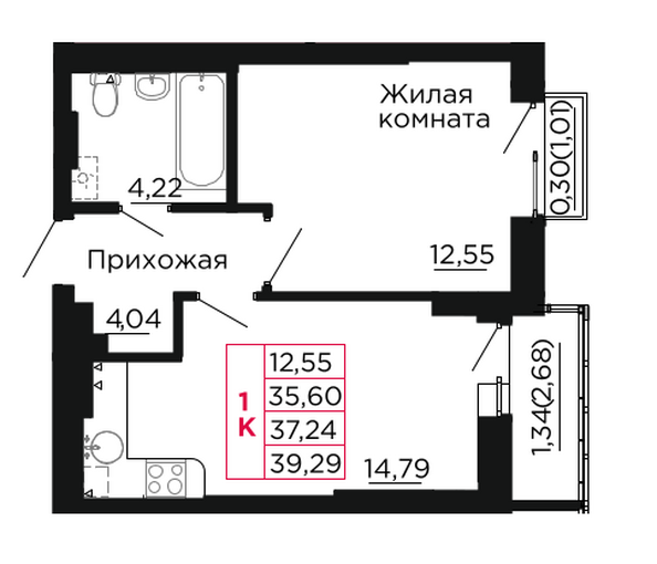 Планировка 1-комн 37,24 м²