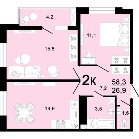 Планировка 2-комн 58,3 м²