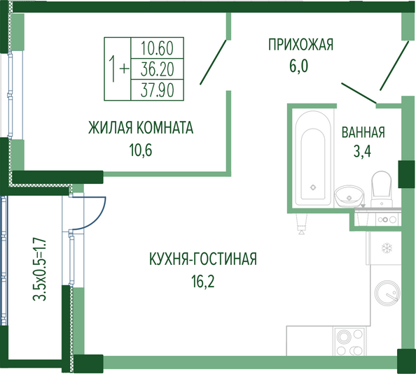 Планировка 1-комн 37,9, 38,2 м²