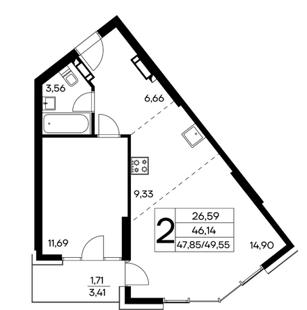 Планировка 2-комн 49 - 50,26 м²