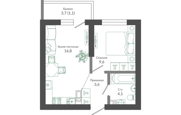 Планировка 1-комн 35,2 м²