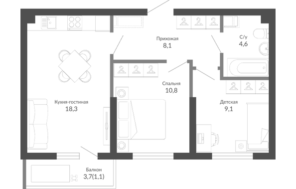 Планировка 2-комн 52 м²