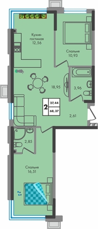 Планировка 2-комн 68,37 м²