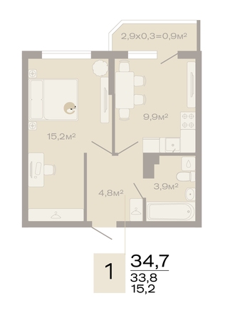 Планировка 1-комн 34,7 м²