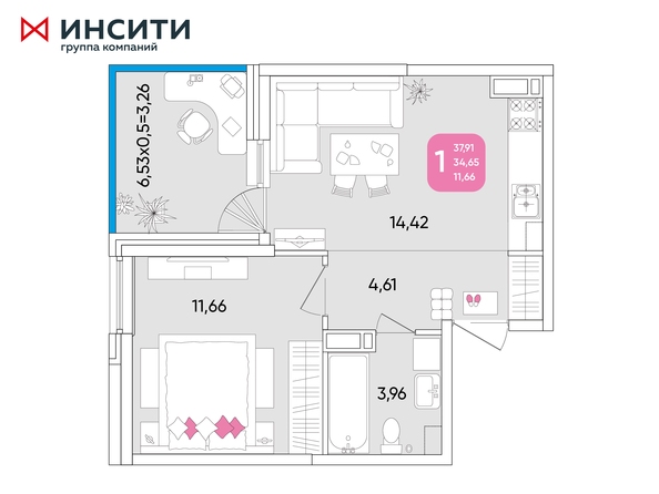 Планировка 1-комн 37,91 м²