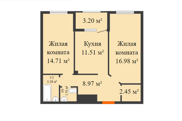 Планировка 2-комн 61,16 м²