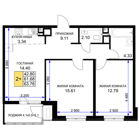 Планировка 2-комн 63,78 м²