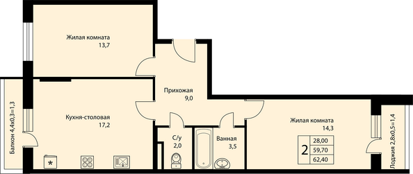 Планировка 2-комн 62,4 м²