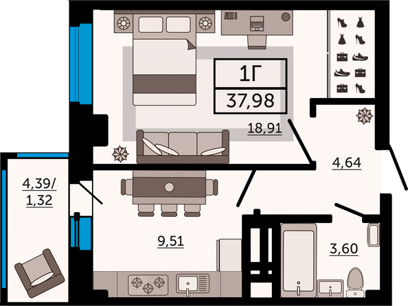 Планировка 1-комн 37,98 м²