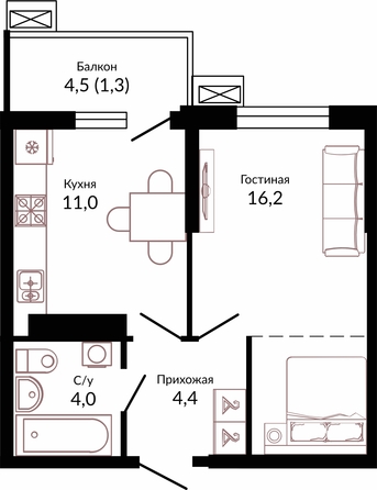 Планировка 1-комн 36,9 м²