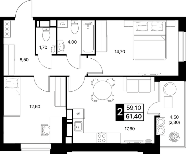 Планировка 2-комн 61,4 - 61,9 м²