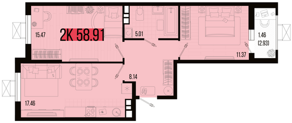 Планировка 2-комн 58,91 м²