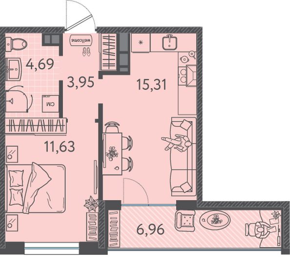 Планировка 1-комн 39,06 м²