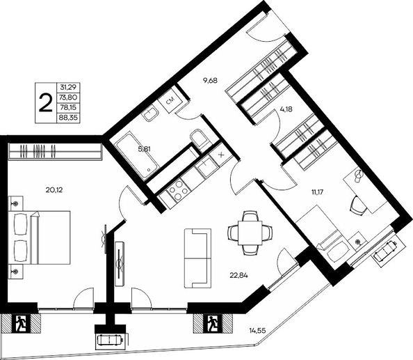 Планировка 2-комн 88,35 - 88,74 м²