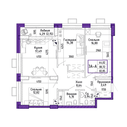 Планировка 3-комн 82,85 м²