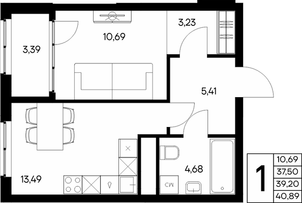 Планировка 1-комн 40,89 м²