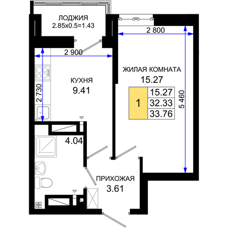 Планировка 1-комн 33,76 м²