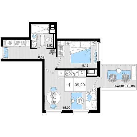 Планировка 1-комн 39,29 м²