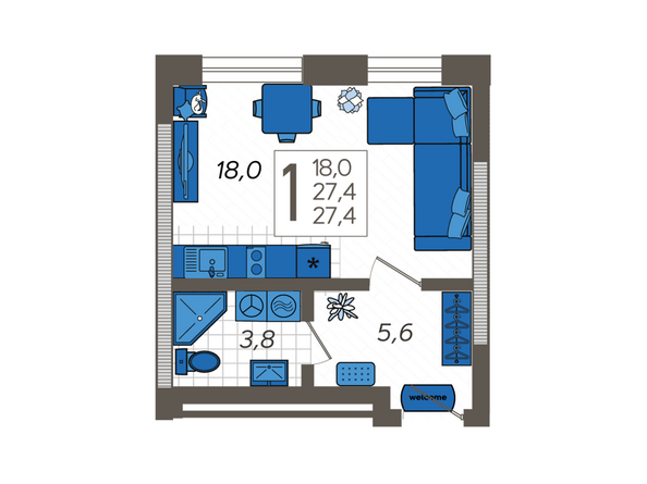 Планировка 1-комн 27,4 м²