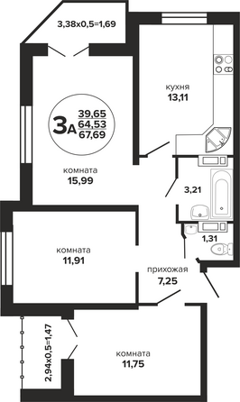 Планировка 3-комн 67,69 м²