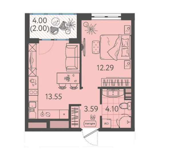 Планировка 1-комнатной квартиры, подъезды 2, 5