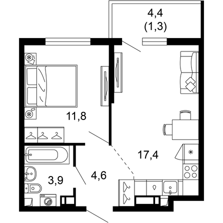 Планировка 1-комн 39 м²