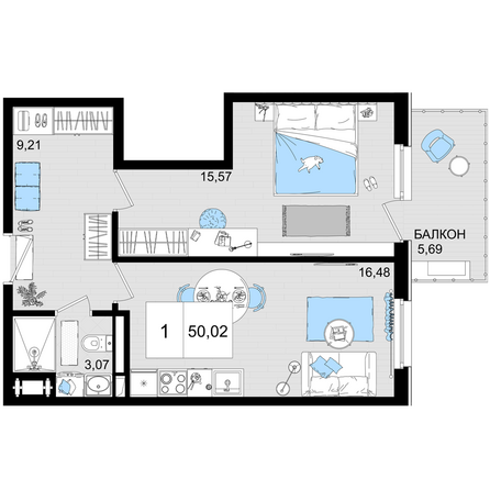 Планировка 1-комн 50,02 м²