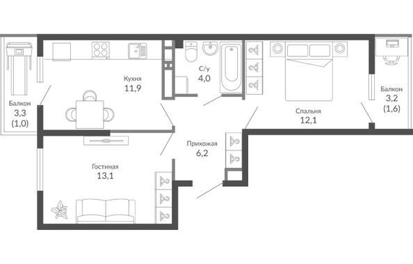 Планировка 2-комн 49,9 м²