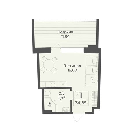 Планировка 1-комн 34,89 м²
