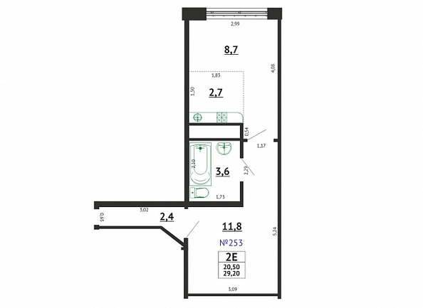 Планировка 1-комн 29,2 - 29,8 м²