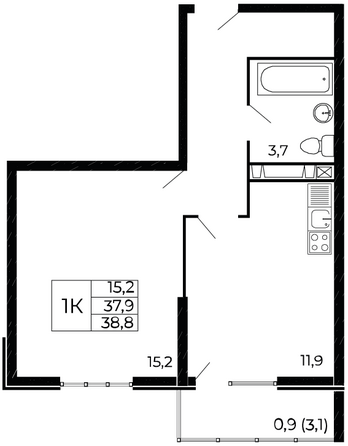 Планировка 1-комн 38,8 м²